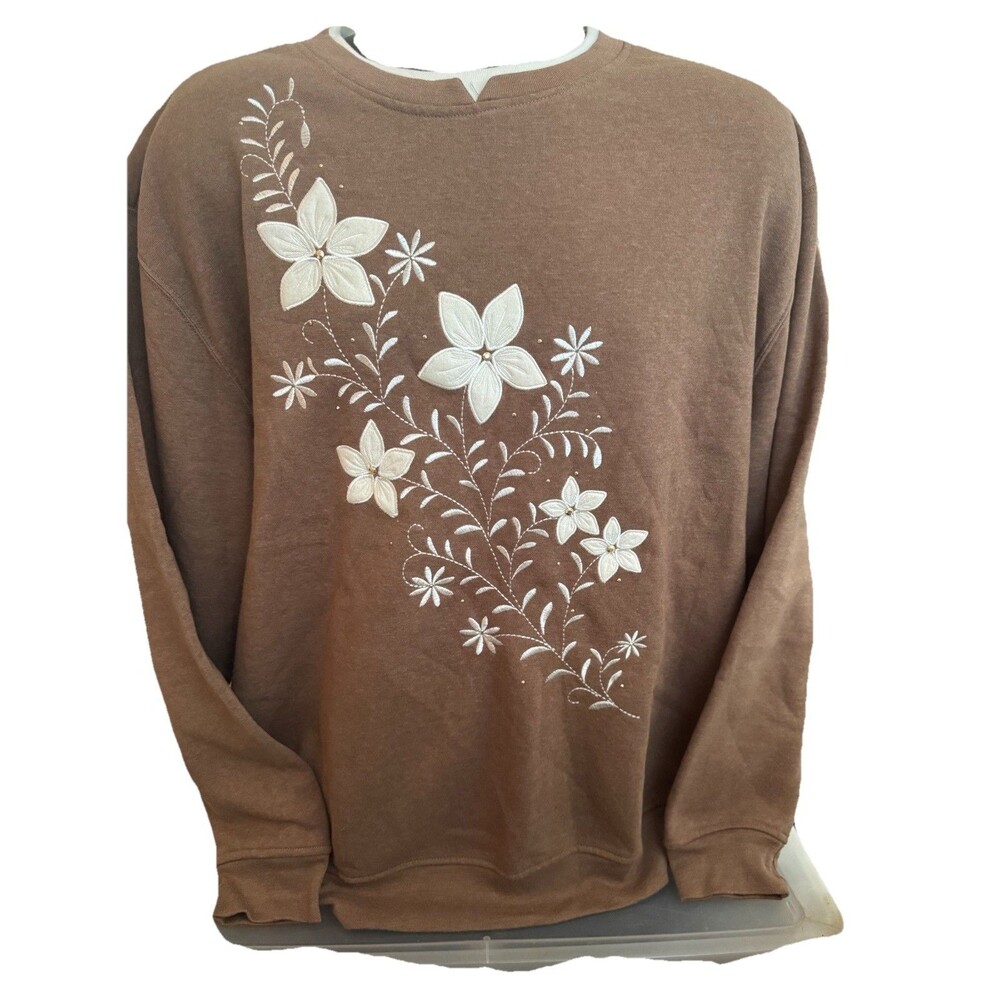 Y2K Hasting & Smith Brown With White Floral  Crewneck Sweatshirt